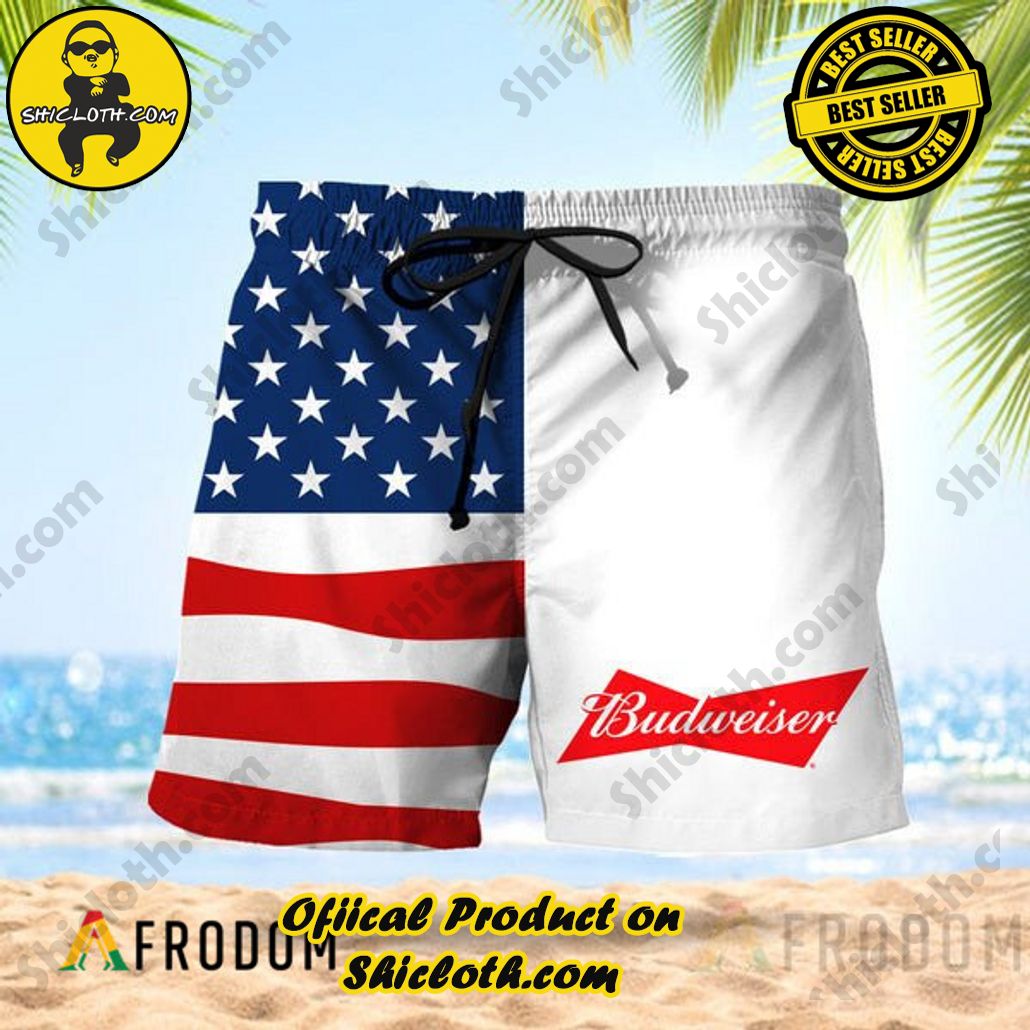 Shicloth's Island Chic: Unleash the Summer Spirit with Our Hawaiian Shirt and Shorts Ensemble 297 Vintage USA Flag Fourth Of July Budweiser Hawaiian Shorts