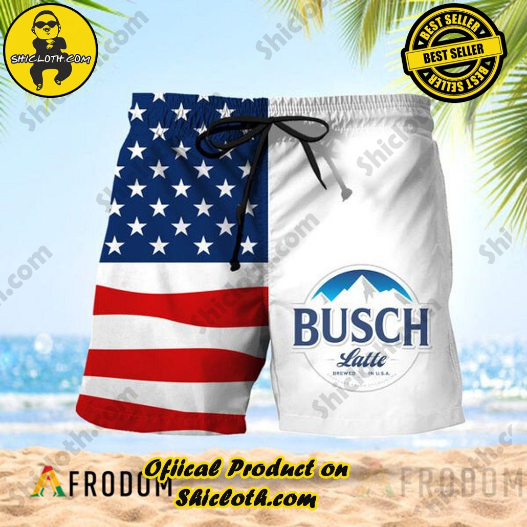 Shicloth's Island Chic: Unleash the Summer Spirit with Our Hawaiian Shirt and Shorts Ensemble 299 Vintage USA Flag Fourth Of July Busch Latte Hawaiian Shorts