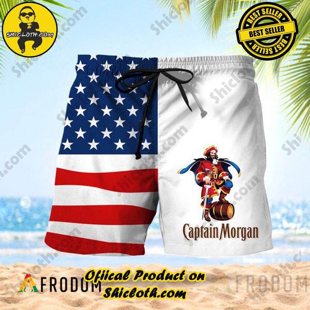 Shicloth's Island Chic: Unleash the Summer Spirit with Our Hawaiian Shirt and Shorts Ensemble 301 Vintage USA Flag Fourth Of July Captain Morgan Hawaiian Shorts