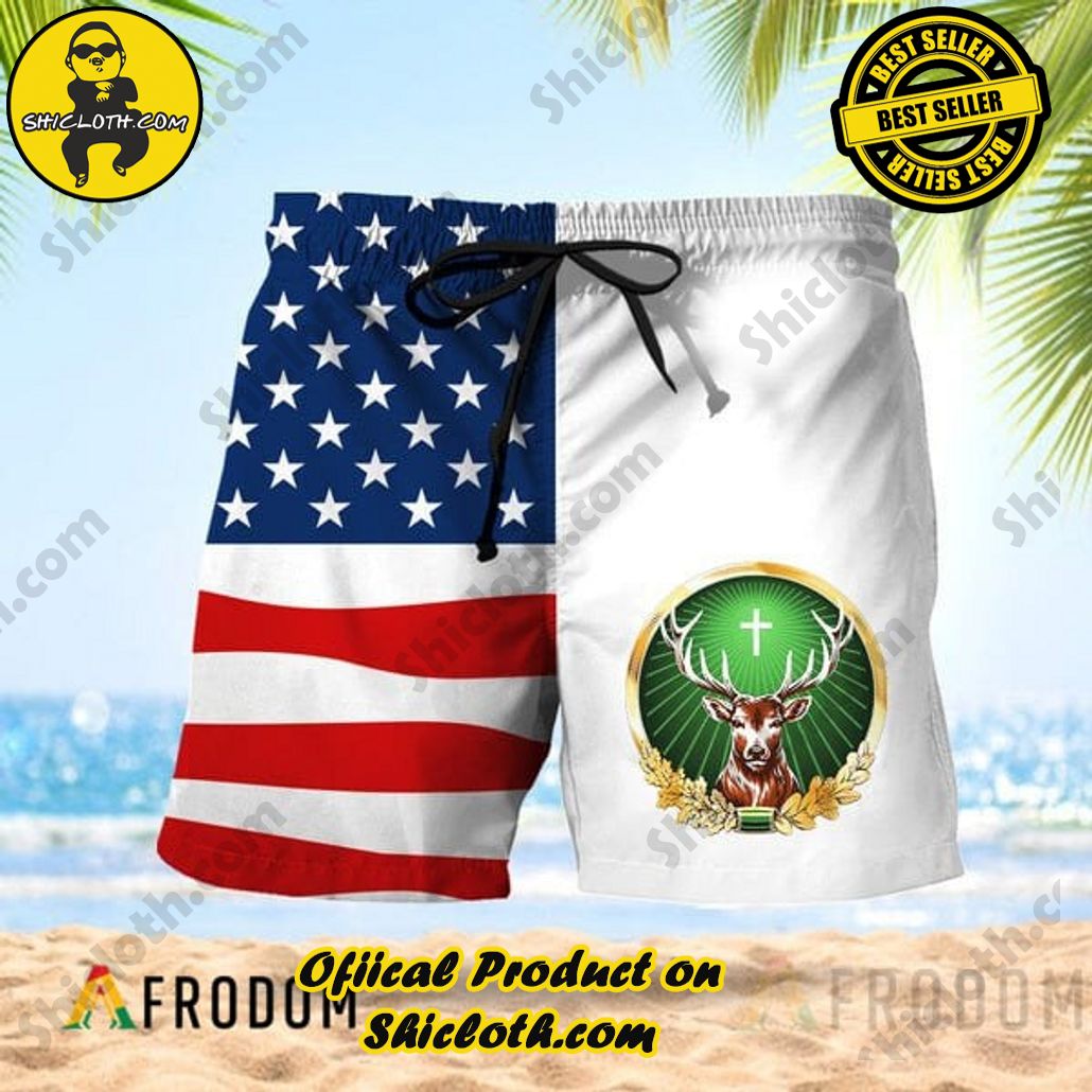 Experience Paradise: Shicloth's Tropical Flower Hawaiian Shorts 71 Vintage USA Flag Fourth Of July Jagermeister Hawaiian Shorts