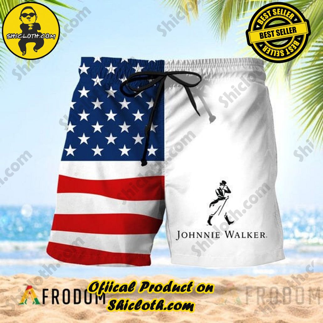 Experience Paradise: Shicloth's Tropical Flower Hawaiian Shorts 72 Vintage USA Flag Fourth Of July Johnnie Walker Hawaiian Shorts