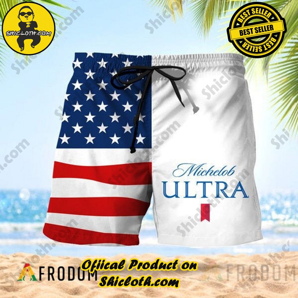 Experience Paradise: Shicloth's Tropical Flower Hawaiian Shorts 74 Vintage USA Flag Fourth Of July Michelob ULTRA Hawaiian Shorts