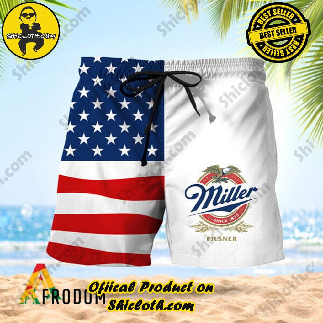 Experience Paradise: Shicloth's Tropical Flower Hawaiian Shorts 75 Vintage USA Flag Fourth Of July Miller Pilsner Hawaiian Shorts