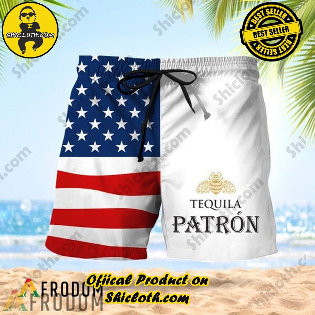 Experience Paradise: Shicloth's Tropical Flower Hawaiian Shorts 79 Vintage USA Flag Fourth Of July Patron Tequila Hawaiian Shorts