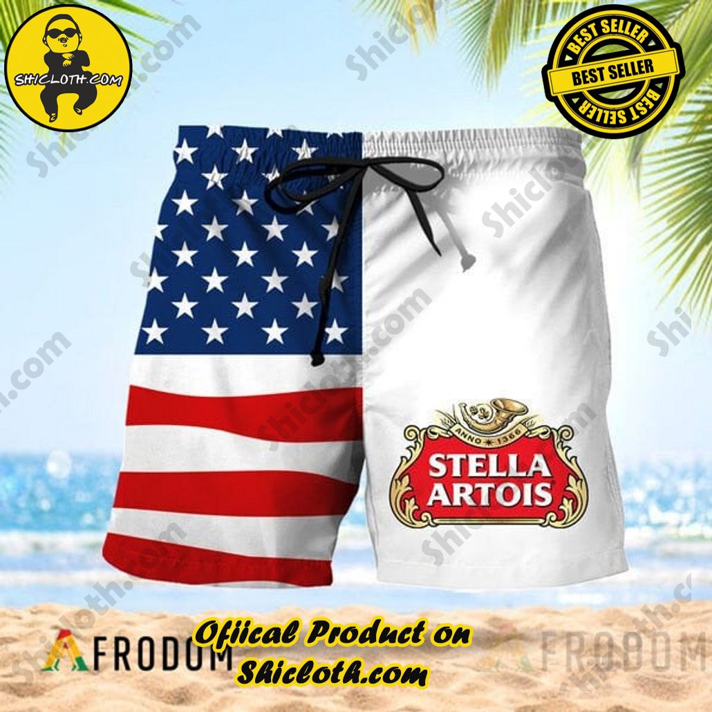 Experience Paradise: Shicloth's Tropical Flower Hawaiian Shorts 80 Vintage USA Flag Fourth Of July Stella Artois Hawaiian Shorts