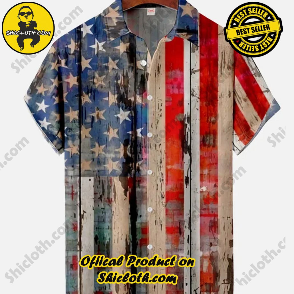 Bare the Breeze: Shiclothshop's Short Sleeve Shirts Unveiled 198 Vintage Wall Painting American Flag Printing Short Sleeve Shirt