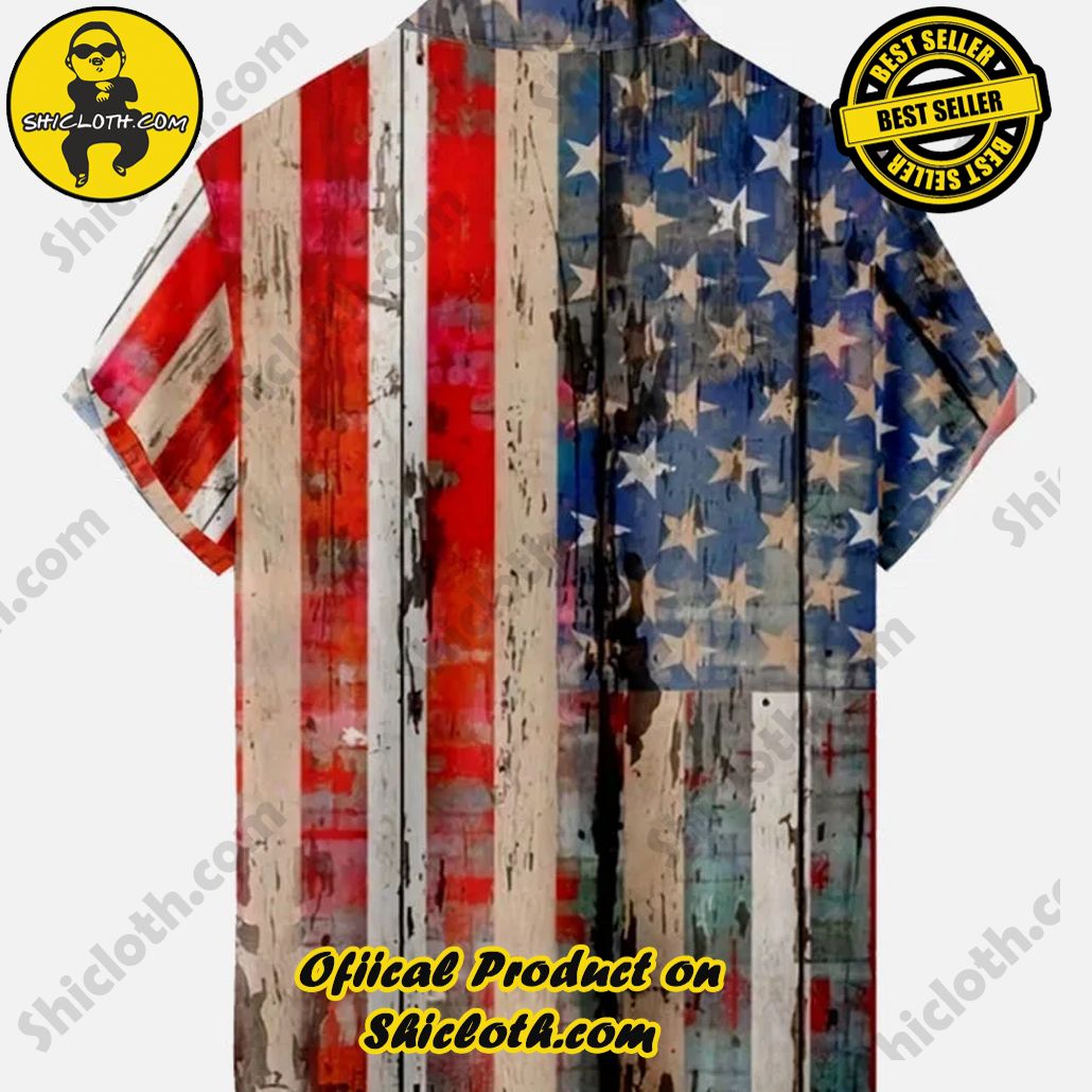 Vintage Wall Painting American Flag Printing Short Sleeve Shirt Vintage Wall Painting American Flag Printing Short Sleeve Shirt
