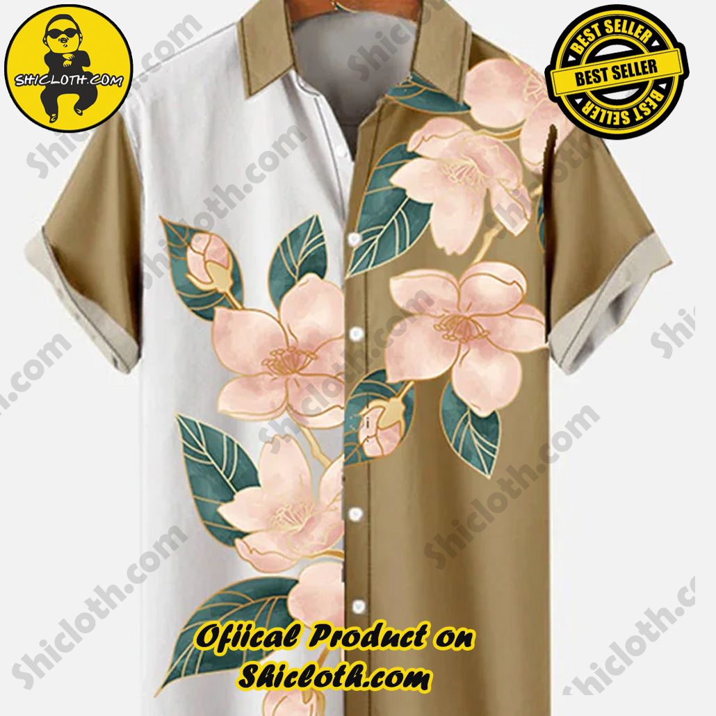 Shiclothshop's Short Sleeve Shirts – Effortless Elegance and Contemporary Comfort 51 Vintage White and Khaki Stitching Floral Printing Men's Short Sleeve Shirt