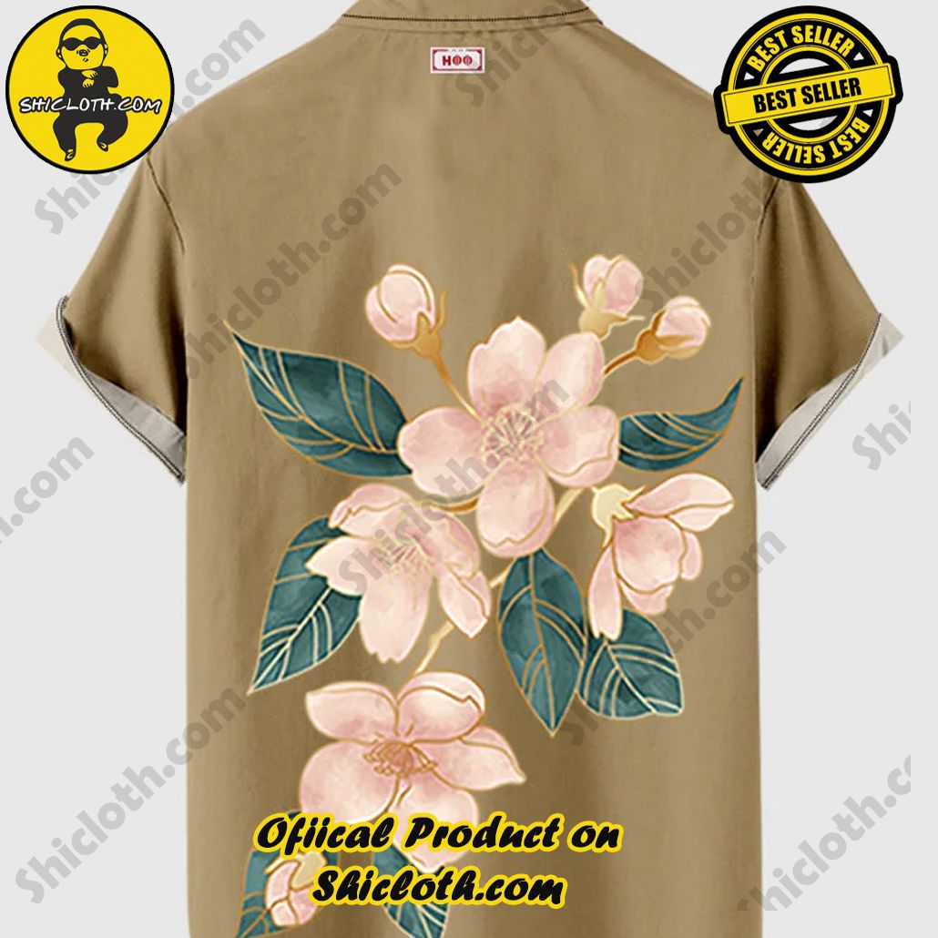 Vintage White and Khaki Stitching Floral Printing Men's Short Sleeve Shirt 2 Vintage White and Khaki Stitching Floral Printing Men's Short Sleeve Shirt - Image 2