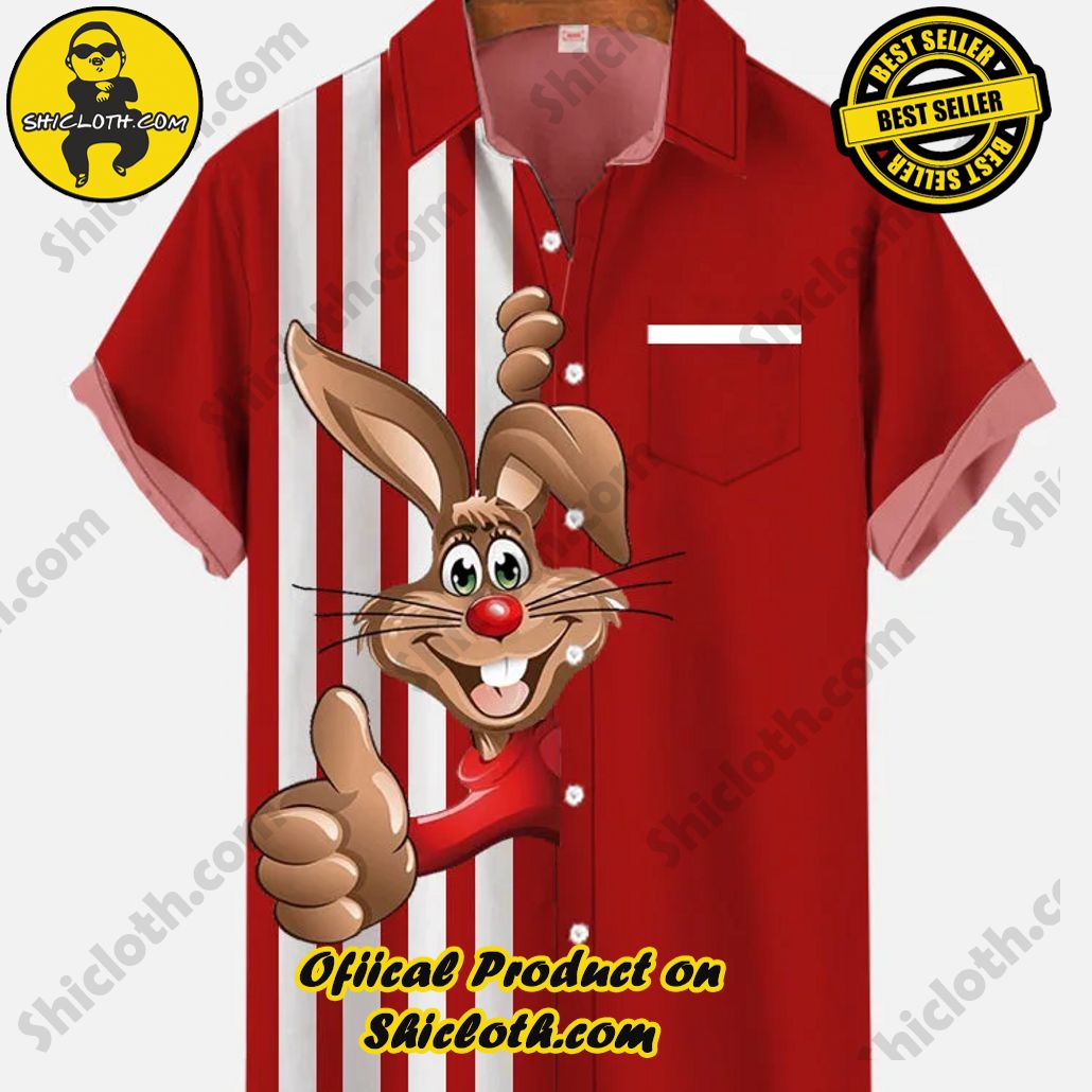 Bare the Breeze: Shiclothshop's Short Sleeve Shirts Unveiled 199 Vintage White And Red Stitching Holiday Easter Bunny Printing Breast Pocket Short Sleeve Shirt