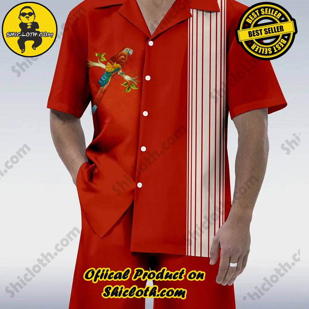 Bare the Breeze: Shiclothshop's Short Sleeve Shirts Unveiled 200 Vintage White And Red Stitching Parrots Standing On Branch Hawaiian Cuban Collar Short Sleeve Shirt Set