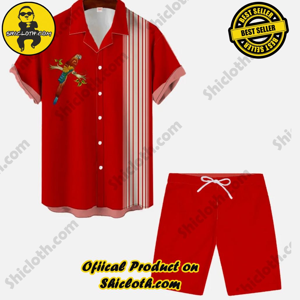 Vintage White And Red Stitching Parrots Standing On Branch Hawaiian Cuban Collar Short Sleeve Shirt Set Vintage White And Red Stitching Parrots Standing On Branch Hawaiian Cuban Collar Short Sleeve Shirt Set