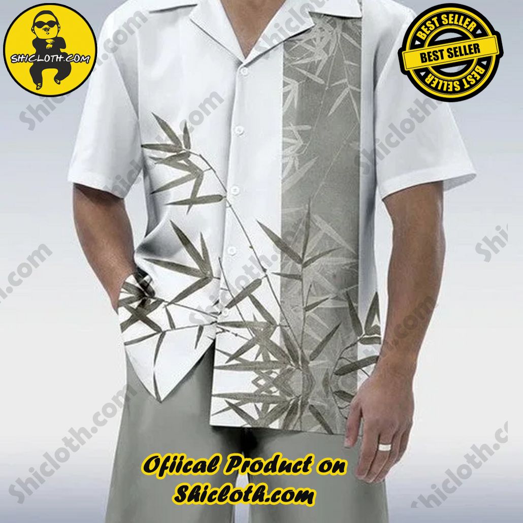 Bare the Breeze: Shiclothshop's Short Sleeve Shirts Unveiled 201 White And Green Stitching Retro Bamboo Hawaiian Cuban Collar Short Sleeve Shirt Set