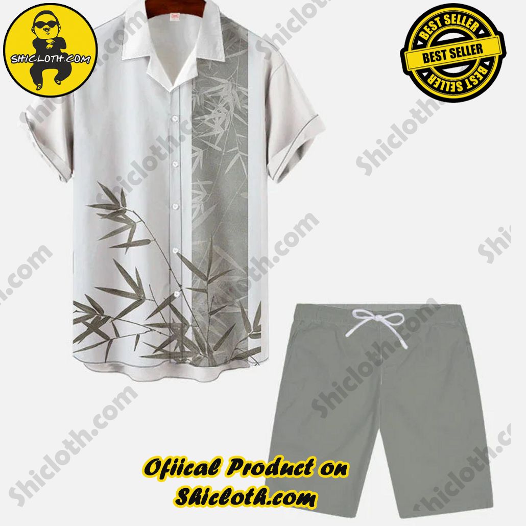 White And Green Stitching Retro Bamboo Hawaiian Cuban Collar Short Sleeve Shirt Set White And Green Stitching Retro Bamboo Hawaiian Cuban Collar Short Sleeve Shirt Set