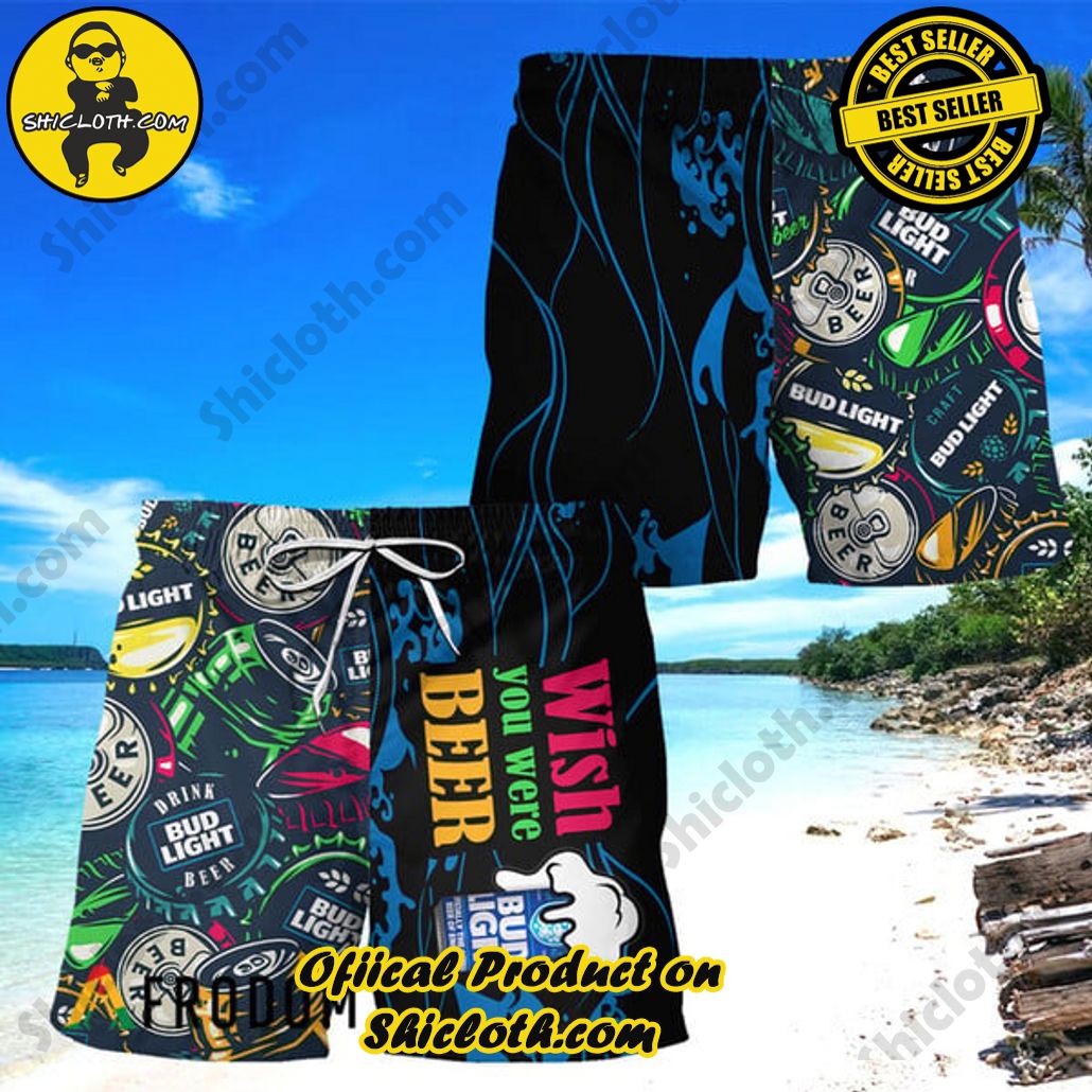Experience Paradise: Shicloth's Tropical Flower Hawaiian Shorts 88 Wish You Were Beer Bud Light Hawaiian Shorts