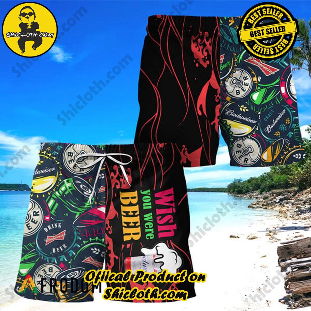 Experience Paradise: Shicloth's Tropical Flower Hawaiian Shorts 89 Wish You Were Beer Budweiser Hawaiian Shorts