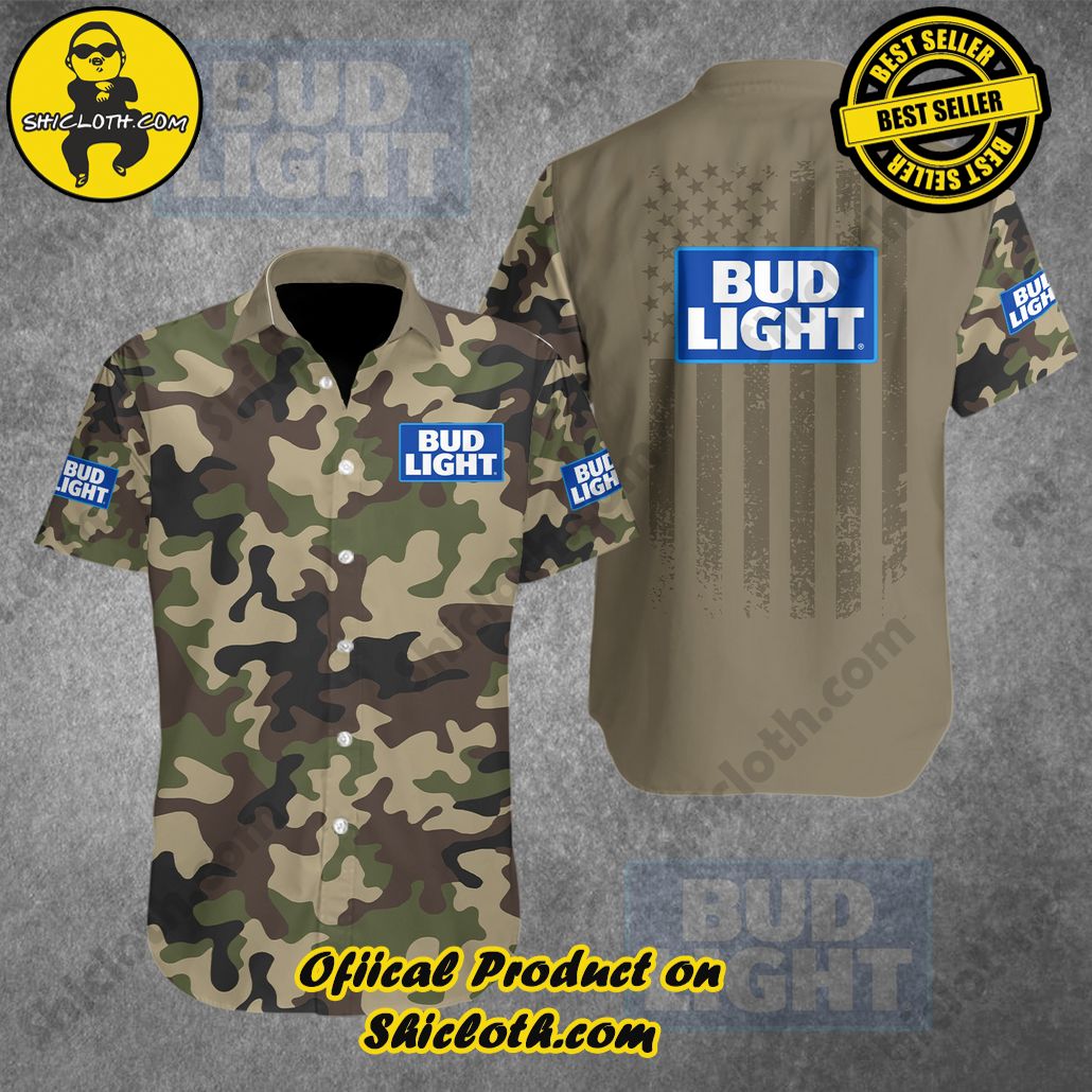 Explore Paradise: Introducing Shicloth's Hawaiian Shirt and Shorts Set 15 Bud Light Camouflage Green Brown Button Shirt