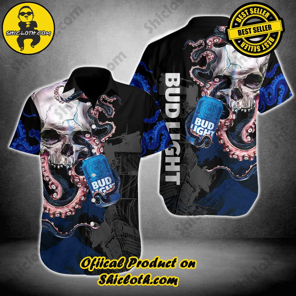 Discover Island Elegance: Shiclothshop's Style Summer Hawaiian Shirt 9 Bud Light Skull Octopus Button Shirt