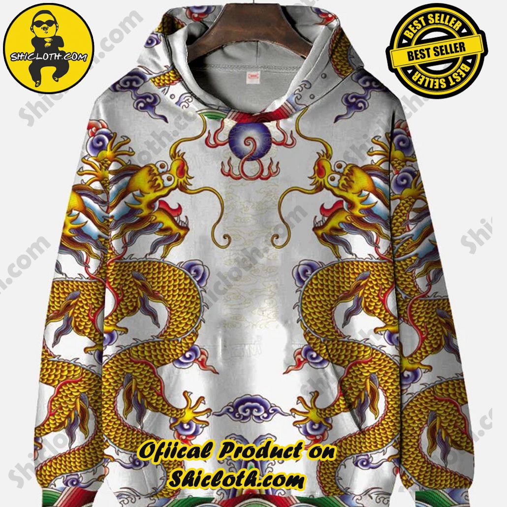 Elevate Your Wardrobe with Shicloth's Hoodie, Zipper Hoodie, and Sweatshirt Collection 17 Mysterious Oriental Vintage Golden Dragons And Pearls Printing Hooded Sweatshirt
