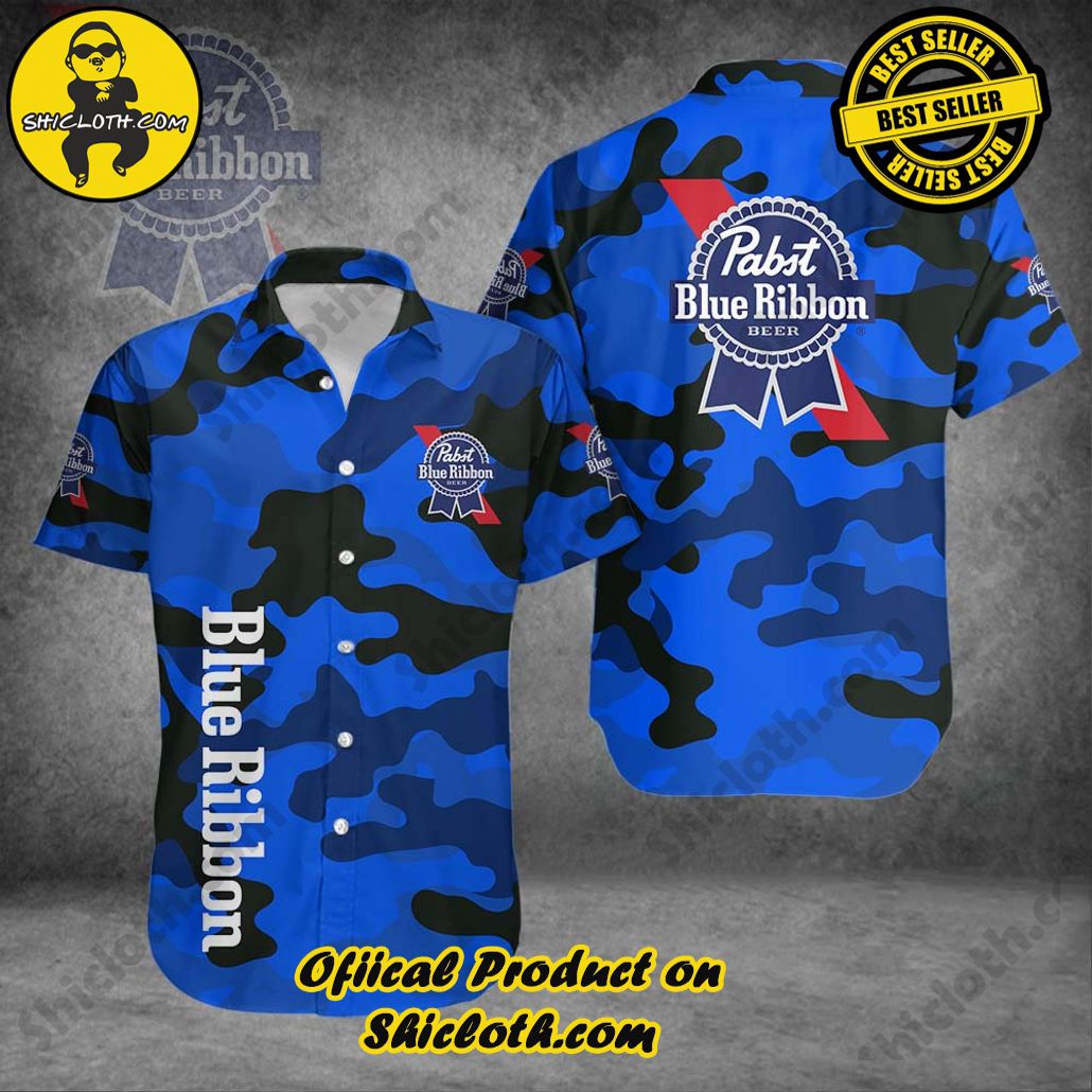 Explore Paradise: Introducing Shicloth's Hawaiian Shirt and Shorts Set 57 Pabst Blue Ribbon Camouflage Button Shirt