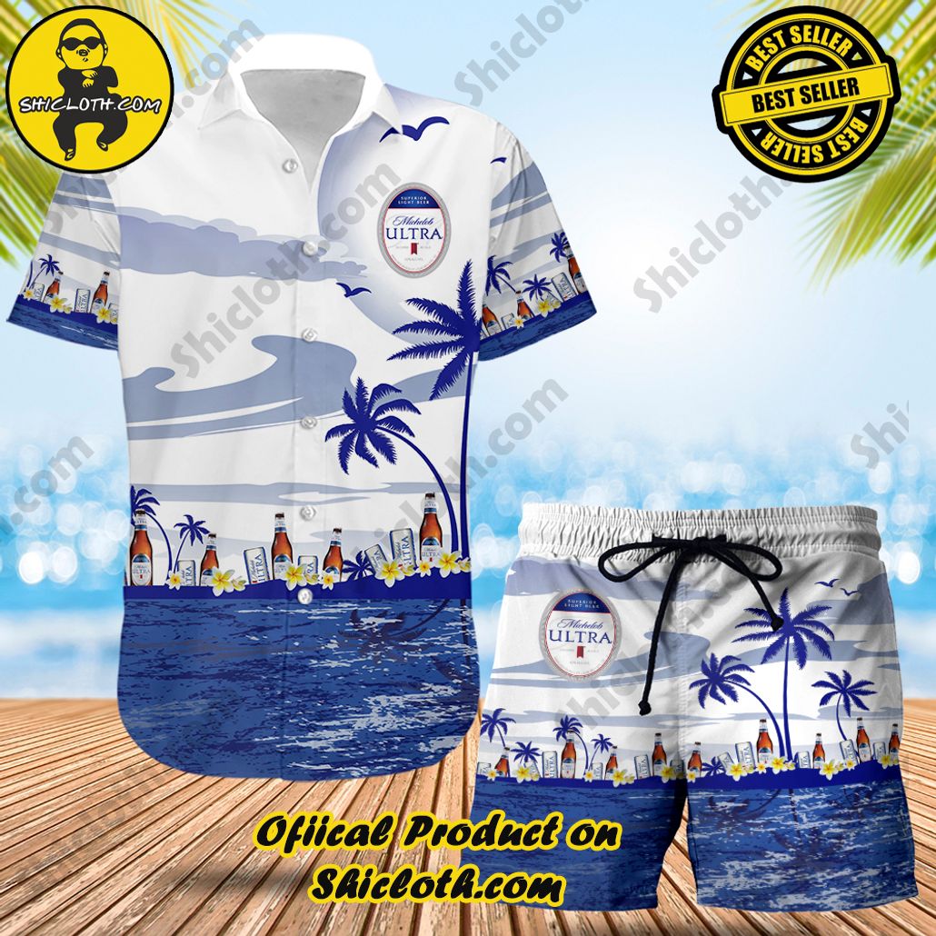 Stylish Sophistication: Introducing Shicloth's Button Shirt Collection 80 Sea Sunset Michelob Ultra Hawaiian Shirt and Shorts Set