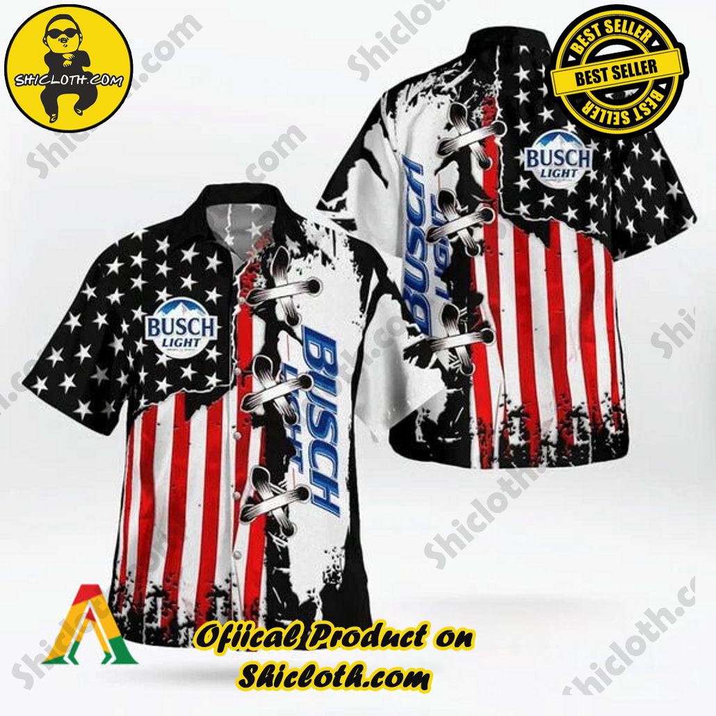 Explore Paradise: Introducing Shicloth's Hawaiian Shirt and Shorts Set 93 USA Flag Busch Light Button Shirt