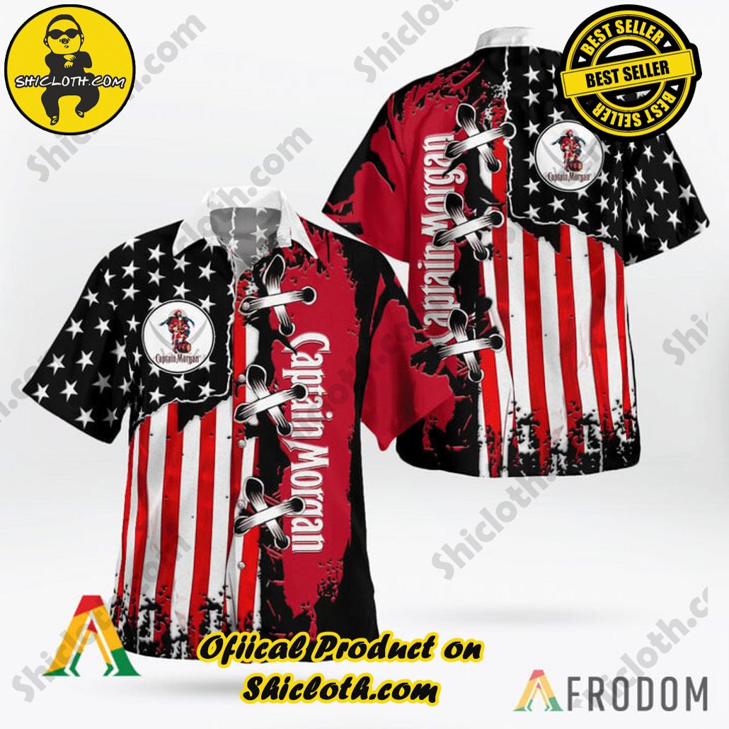 Explore Paradise: Introducing Shicloth's Hawaiian Shirt and Shorts Set 94 USA Flag Captain Morgan Button Shirt
