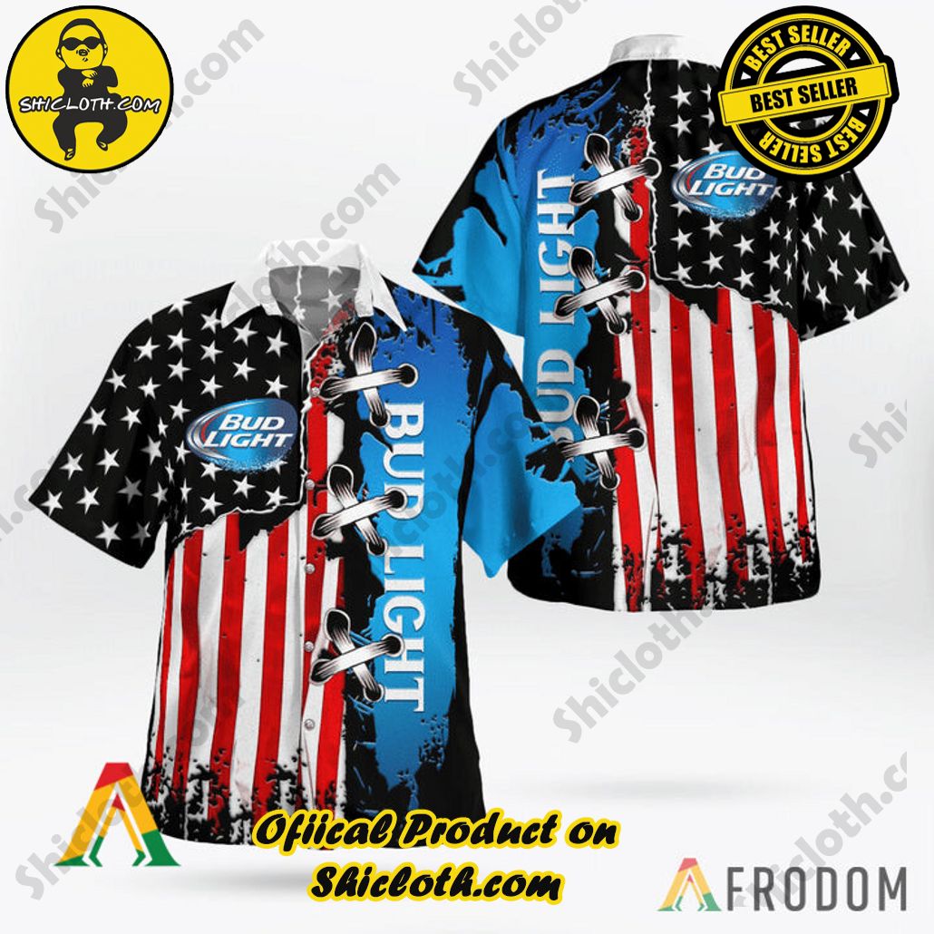 Explore Paradise: Introducing Shicloth's Hawaiian Shirt and Shorts Set 97 Vintage USA Flag Bud Light Button Shirt