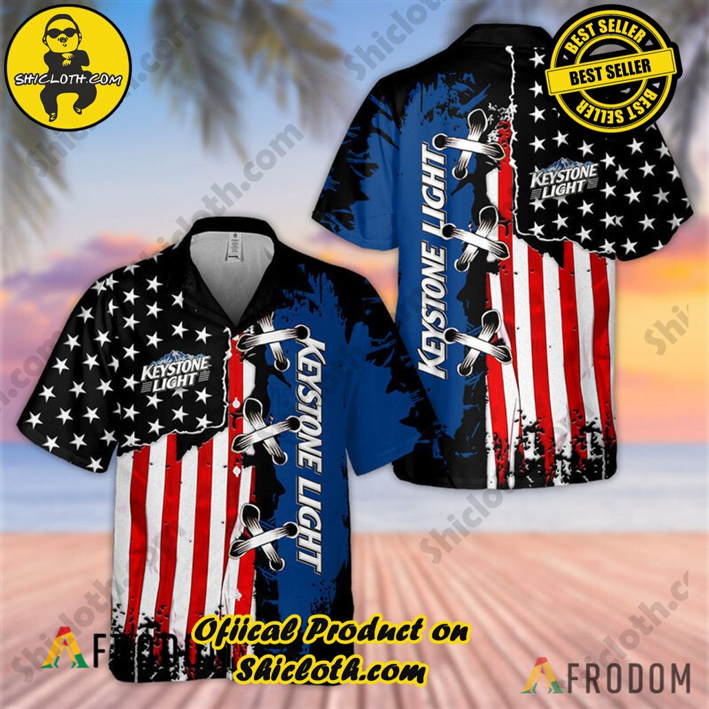 Embrace Island Vibes: Introducing Shicloth's Tropical Paradise Apparel Hawaiian Shirt 98 Vintage USA Flag Keystone Light Tropical Paradise Apparel Hawaiian Shirt