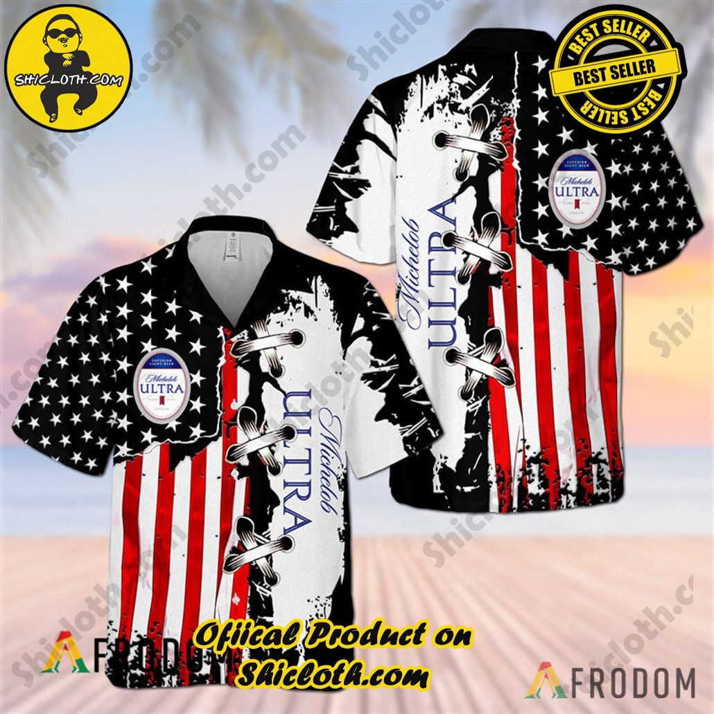 Embrace Island Vibes: Introducing Shicloth's Tropical Paradise Apparel Hawaiian Shirt 99 Vintage USA Flag Michelob ULTRA Tropical Paradise Apparel Hawaiian Shirt