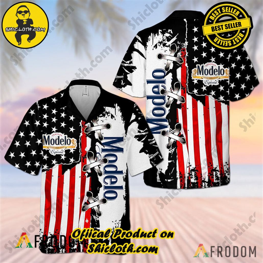 Explore Paradise: Introducing Shicloth's Hawaiian Shirt and Shorts Set 98 Vintage USA Flag Modelo Beer Hawaiian Shirt