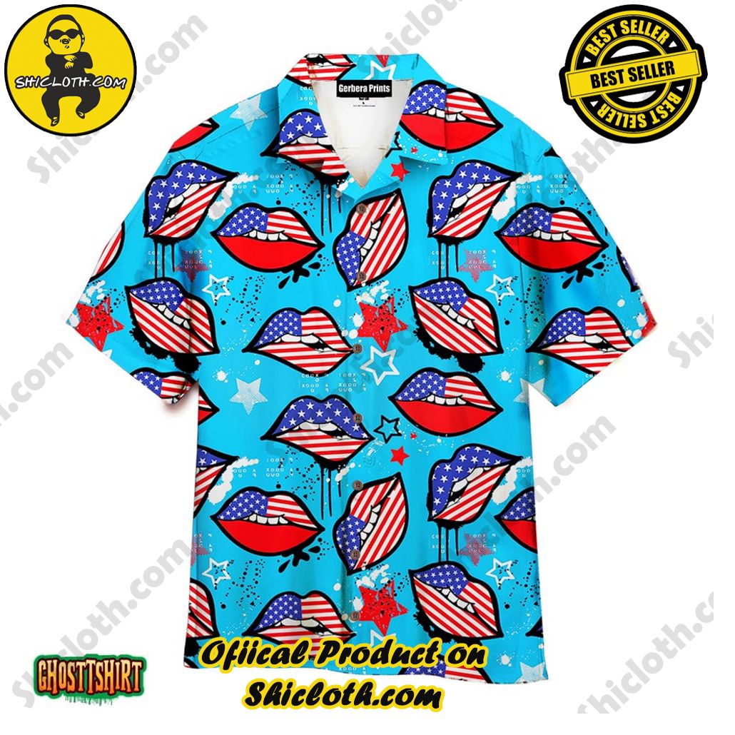 Experience the Vibrant Aloha Spirit with Shicloth's Hawaiian Shirt Collection 76 4th Of July American Sexy Lips Blue Aloha Hawaiian Shirt
