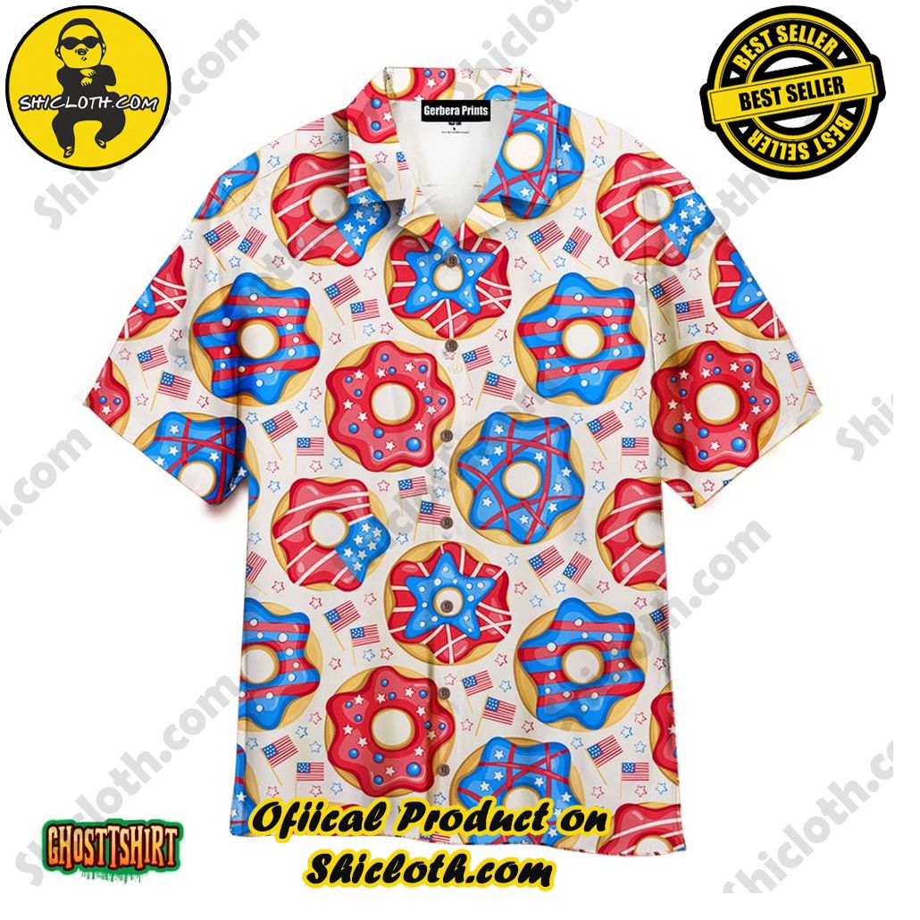 Experience the Vibrant Aloha Spirit with Shicloth's Hawaiian Shirt Collection 78 4th Of July Donuts America Pink And Blue Aloha Hawaiian Shirt