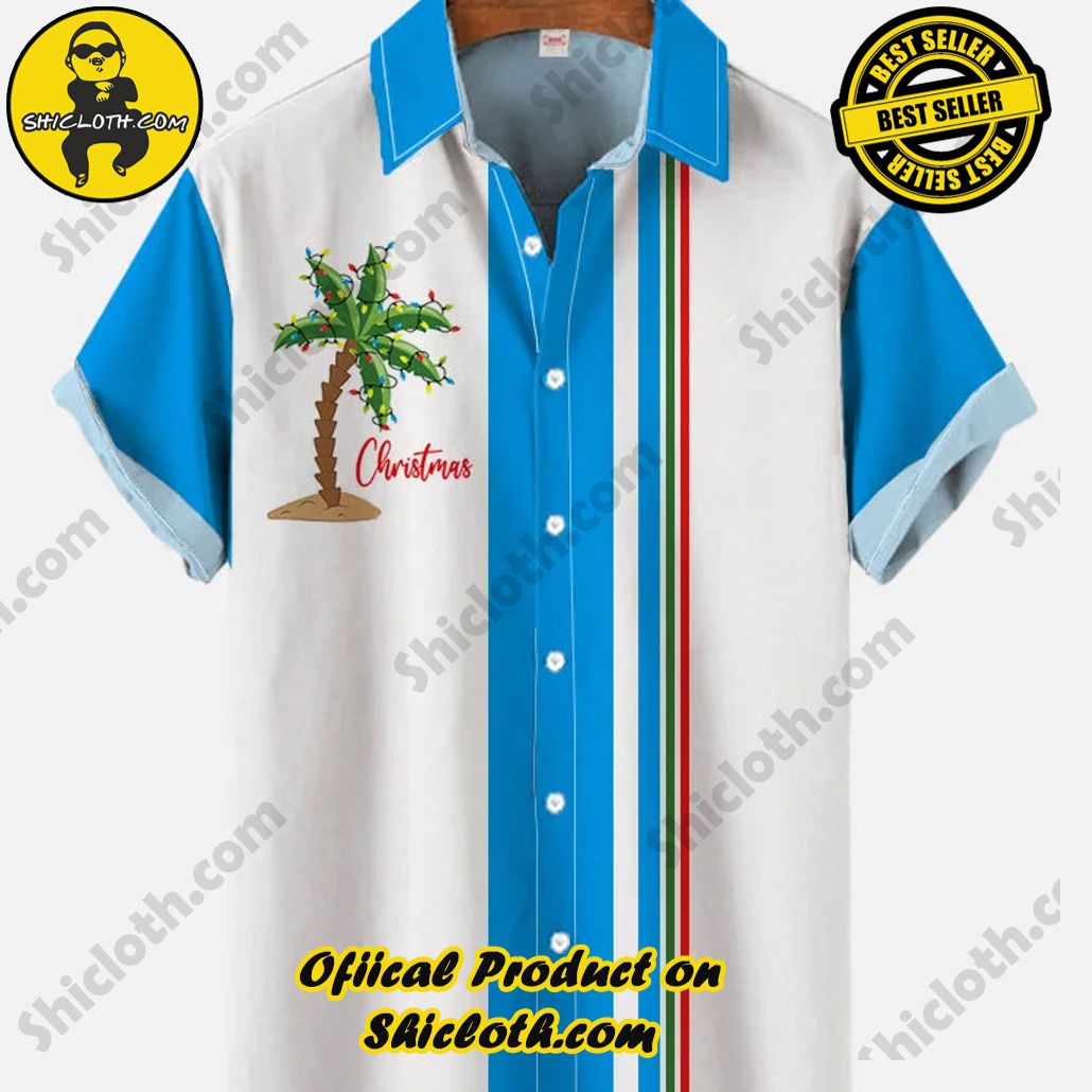 Shicloth Short Sleeve Shirts: The Perfect Way to Stay Cool and Comfortable on Your Beach Vacation 2 50S Vintage White And Blue Stripes And Christmas Coconut Tree Printing Short Sleeve Shirt