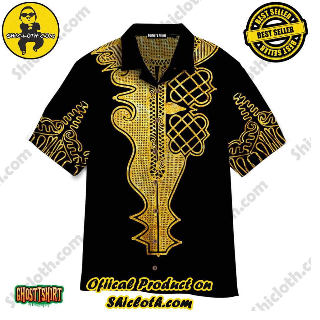 Embrace Summer Vibes with Shicloth's Aloha Hawaiian Shirt: A Fusion of Style and Comfort 81 African Golden Dashiki Pattern Black Aloha Hawaiian Shirt