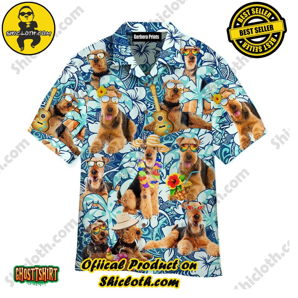 Discover the Tropical Charm: Shicloth's Hawaiian Shirt Collection 4 Airedale Terrier Dogs Love Beach Floral Pattern Blue Aloha Hawaiian Shirt