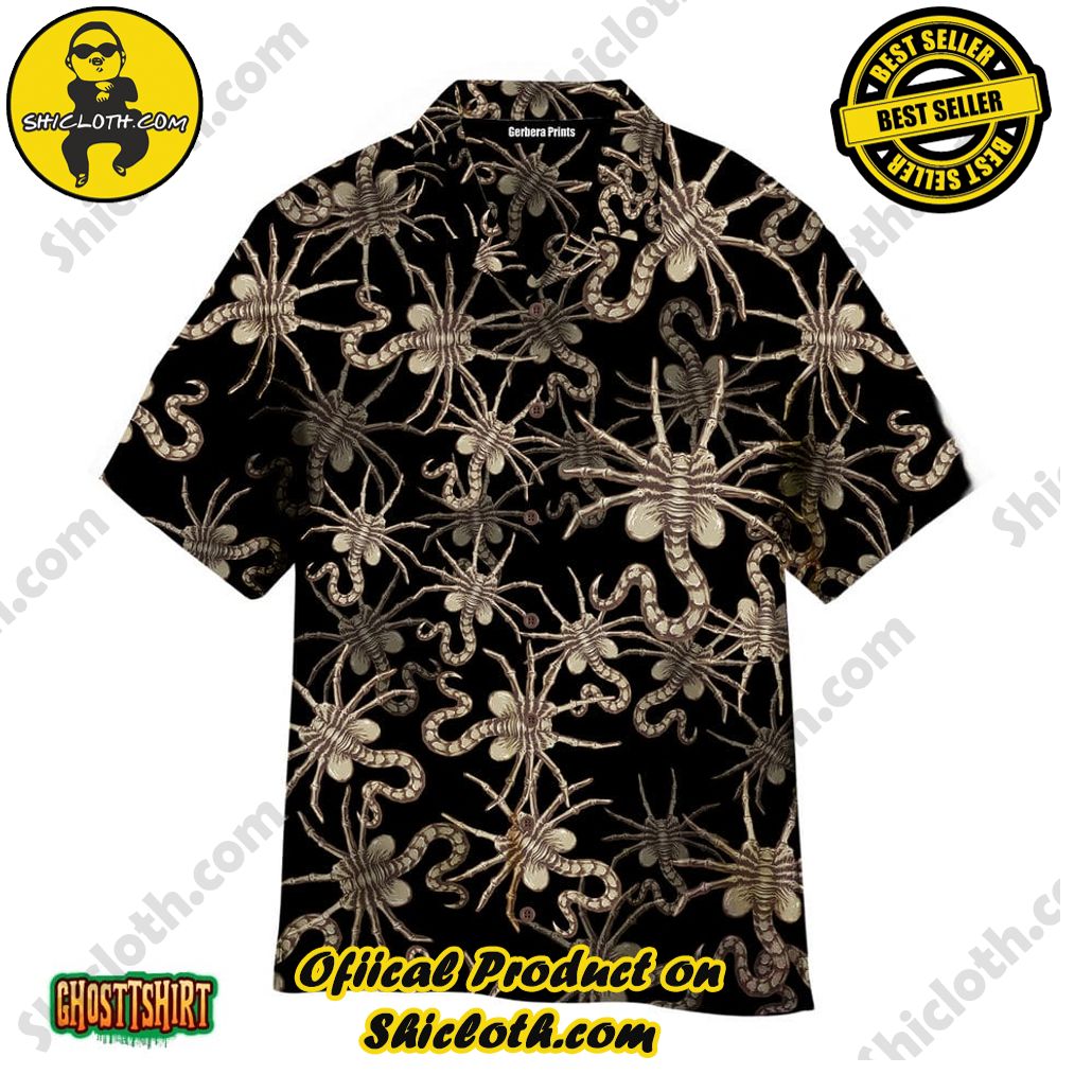 Discover the Tropical Charm: Shicloth's Hawaiian Shirt Collection 48 Alien Face Hugger Black Aloha Hawaiian Shirt