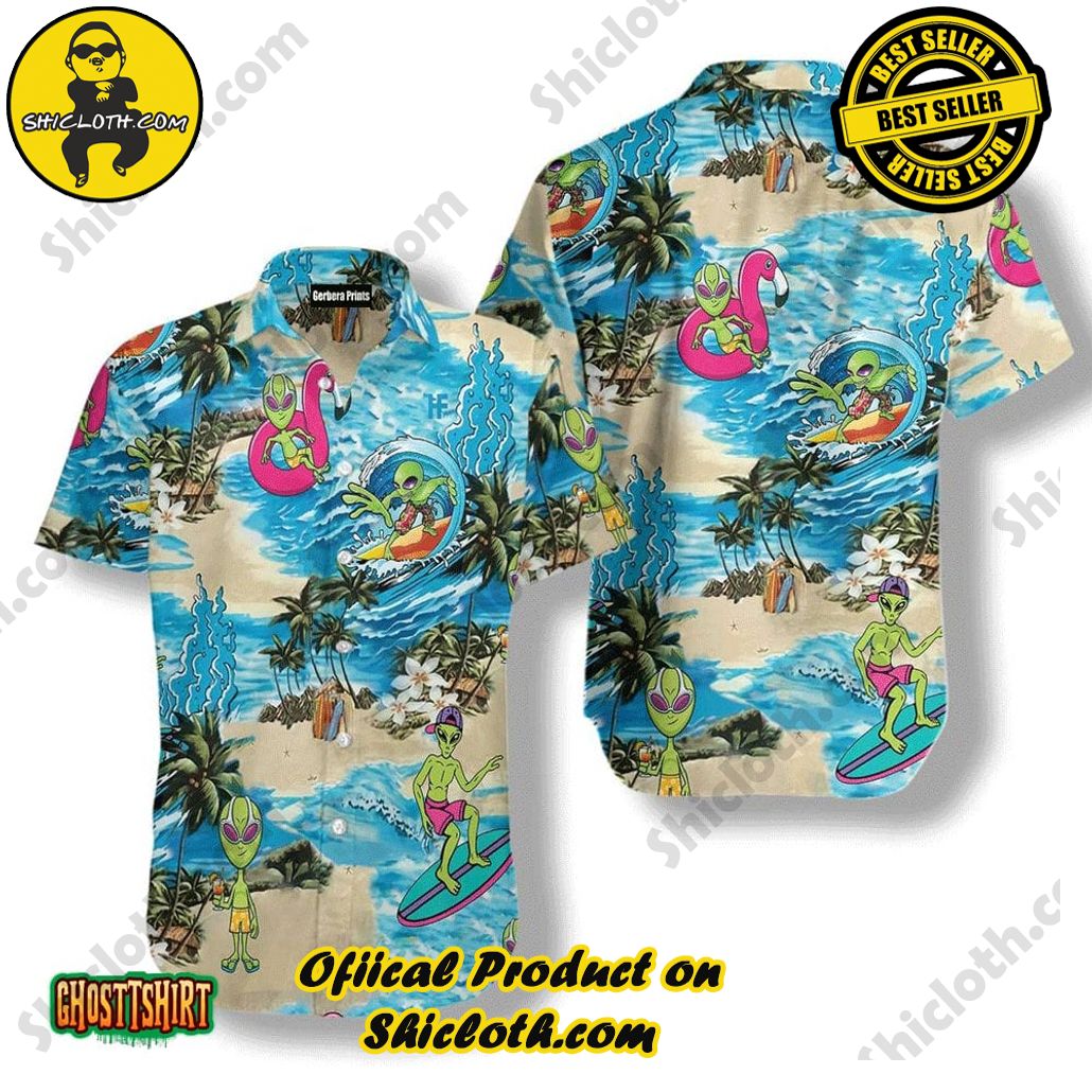Discover the Tropical Charm: Shicloth's Hawaiian Shirt Collection 53 Alien On The Beach Blue Aloha Hawaiian Shirt