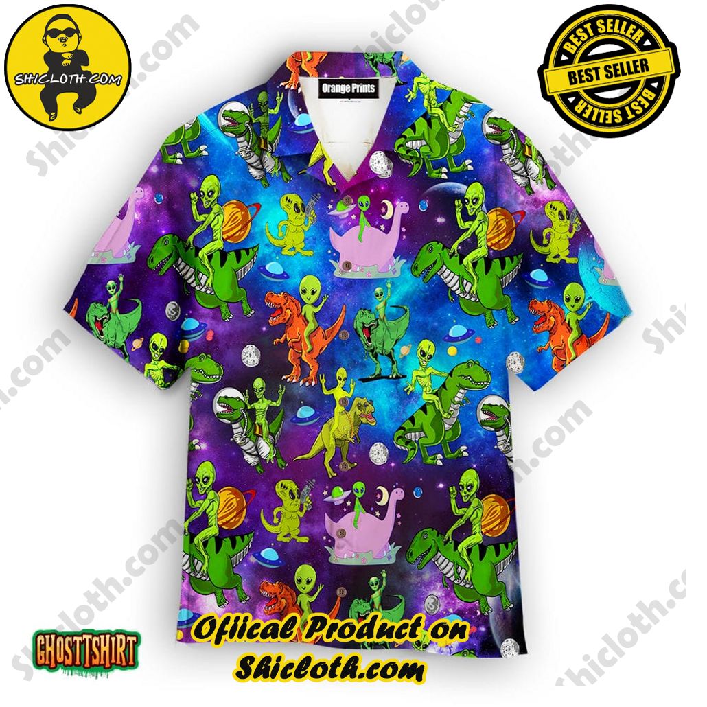 Discover the Tropical Charm: Shicloth's Hawaiian Shirt Collection 57 Alien Riding Dinosaur T-Rex Aloha Hawaiian Shirt