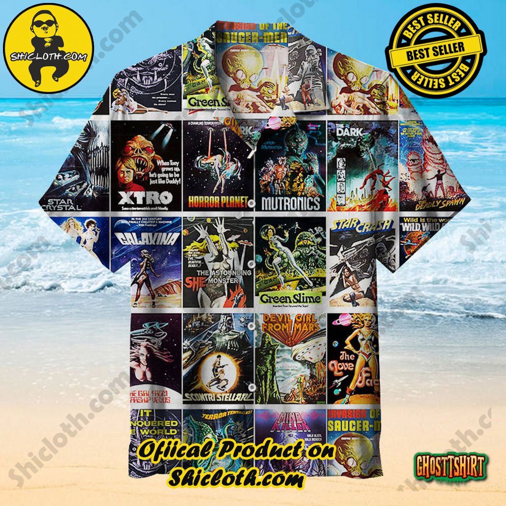 Discover the Tropical Charm: Shicloth's Hawaiian Shirt Collection 66 Aliens And Sexy Girls Sci Fi Vintage Trash Horror Movie Unisex Aloha Hawaiian Shirt