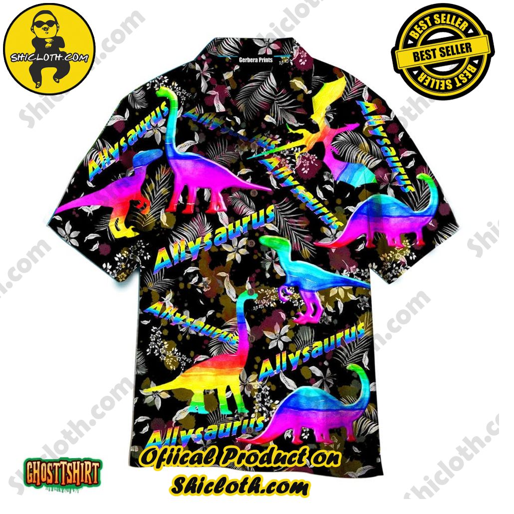 Discover Paradise: Shicloth's Hawaiian Beach Shirt Collection 9 Allysaurus Pride LGBT Ally Dinosaur Black Aloha Hawaiian Shirt
