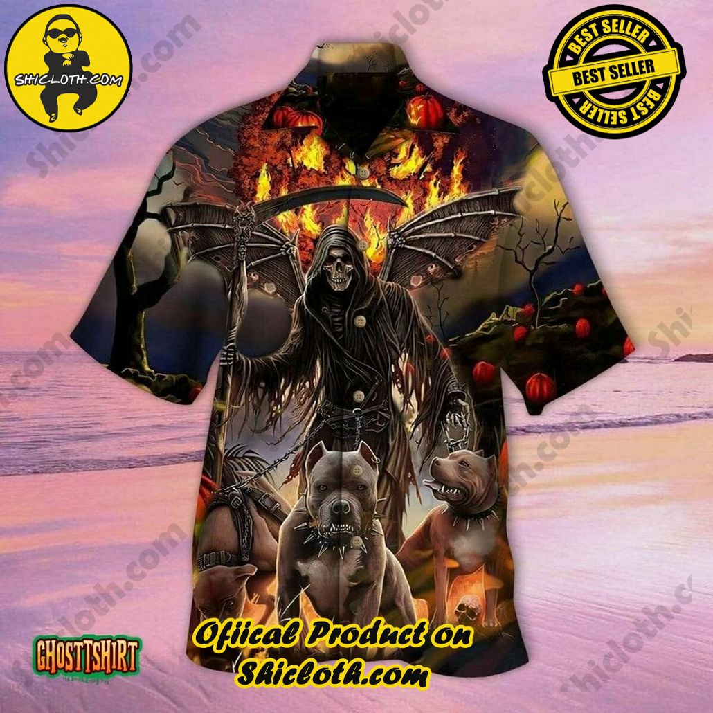 Discover the Perfect Beachwear: Shicloth's Stylish Summer Shirts for Your Next Vacation 62 Amazing Grim Reaper Dogs Black Halloween Aloha Hawaiian Shirt