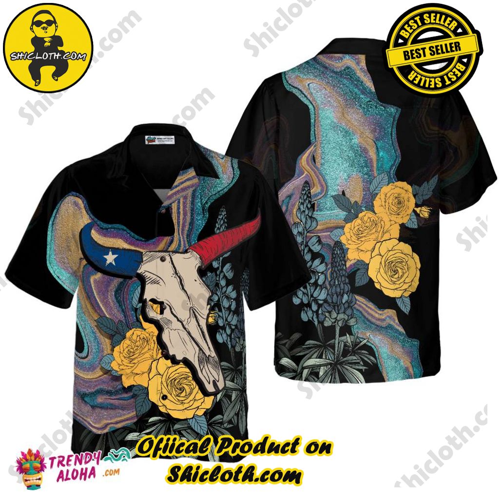 Show Your Team Spirit with Shicloth NCAA Beach Shirts 22 Artistic Longhorn Skull Texas Hawaiian Shirt For Men, Black Royal Gold Rose Shirt, Bluebonnet Proud Texas Shirt For Texans