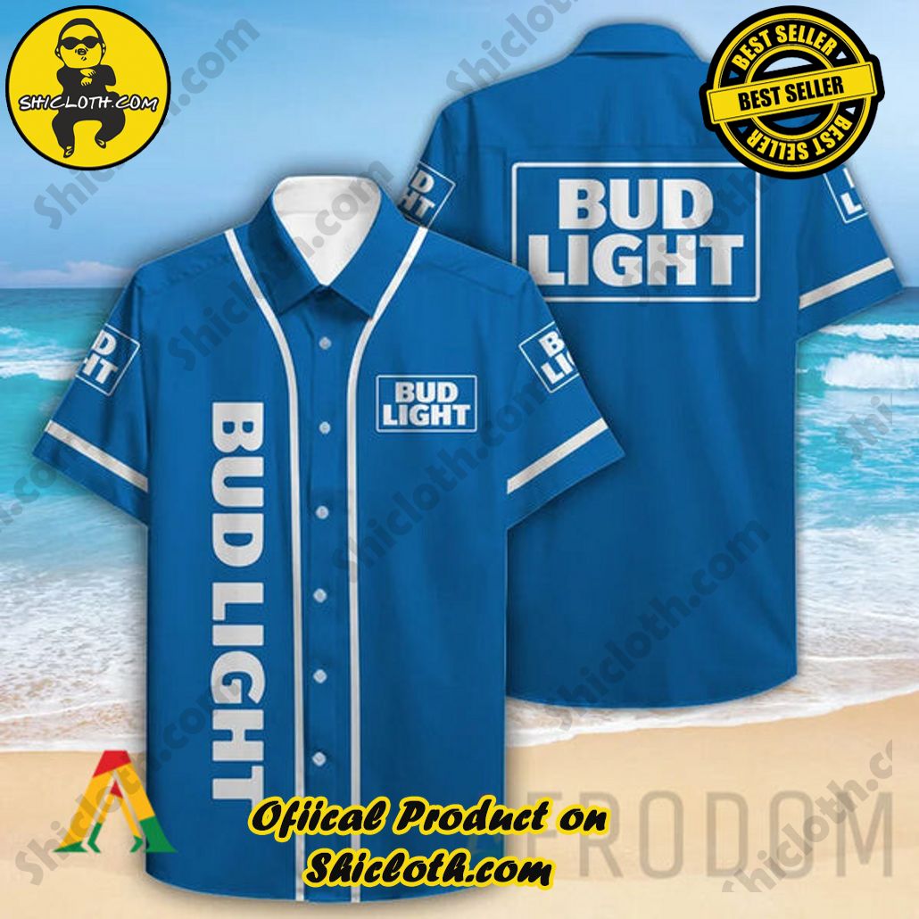 Discover Paradise: Shicloth's Button Shirt - Hawaiian Shirt 3 Basic Printed Blue Bud Light Button Shirt - Hawaiian Shirt