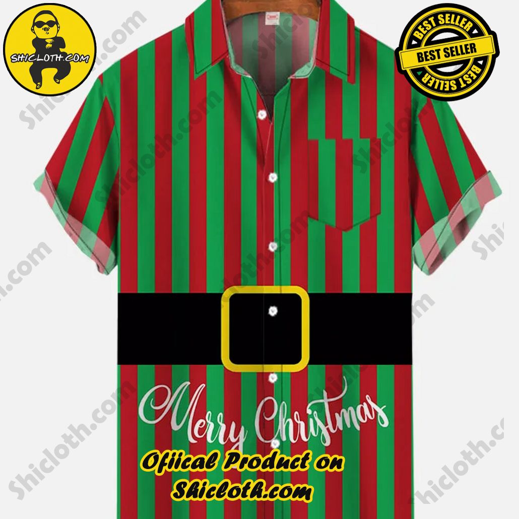 Shicloth Short Sleeve Shirts: Stay Cool and Look Sharp This Summer 5 Christmas Elements Retro Red And Green Striped Elf Cartoon Costume Printing Breast Pocket Short Sleeve Shirt