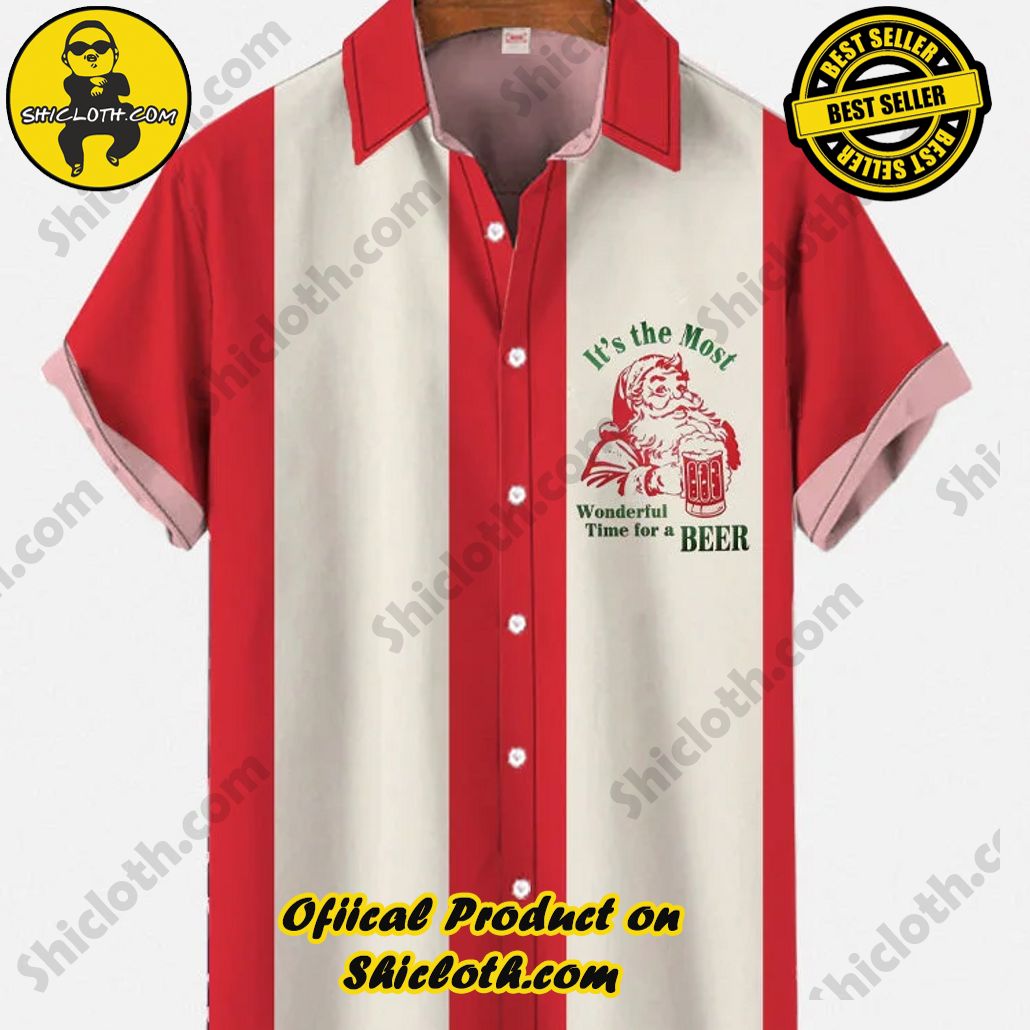 Shicloth Short Sleeve Shirts: The Perfect Way to Stay Cool and Comfortable on Your Beach Vacation 10 Christmas Elements Retro Red And Wheat Striped Santa Claus It'S The Most Wonderful Time For A Beer Printing Short Sleeve Shirt