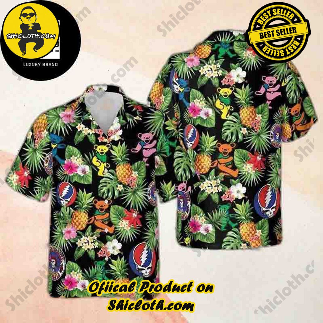 Tropical Vibes: Explore Shicloth's Hawaiian Shirt Collection 15 Grateful Dead Logo Bear With Pineapple And Palm Leaves 2024 Trendy Hawaiian Shirt