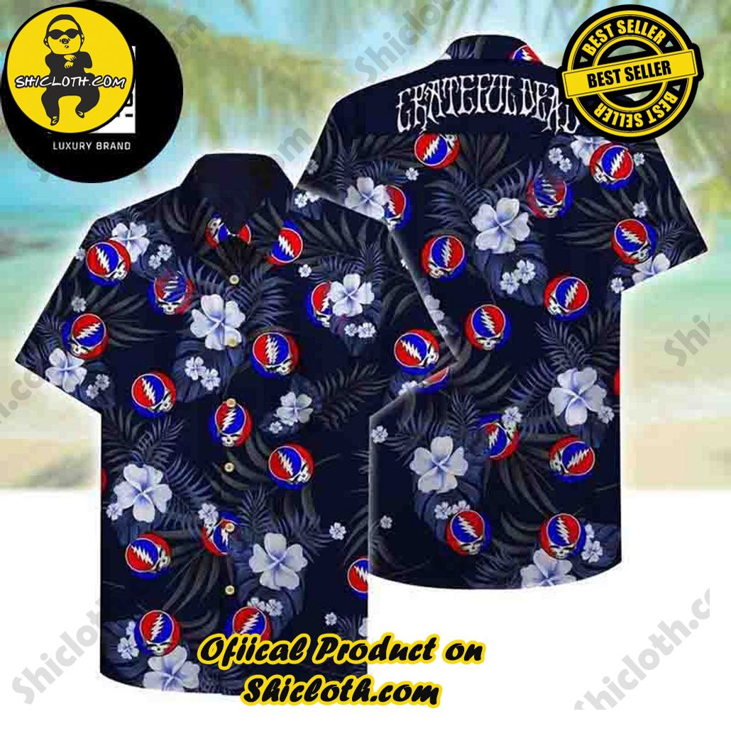 Tropical Vibes: Explore Shicloth's Hawaiian Shirt Collection 16 Grateful Dead Logo Tropical Leaf And Flower Black Blue 2024 Trendy Hawaiian Shirt