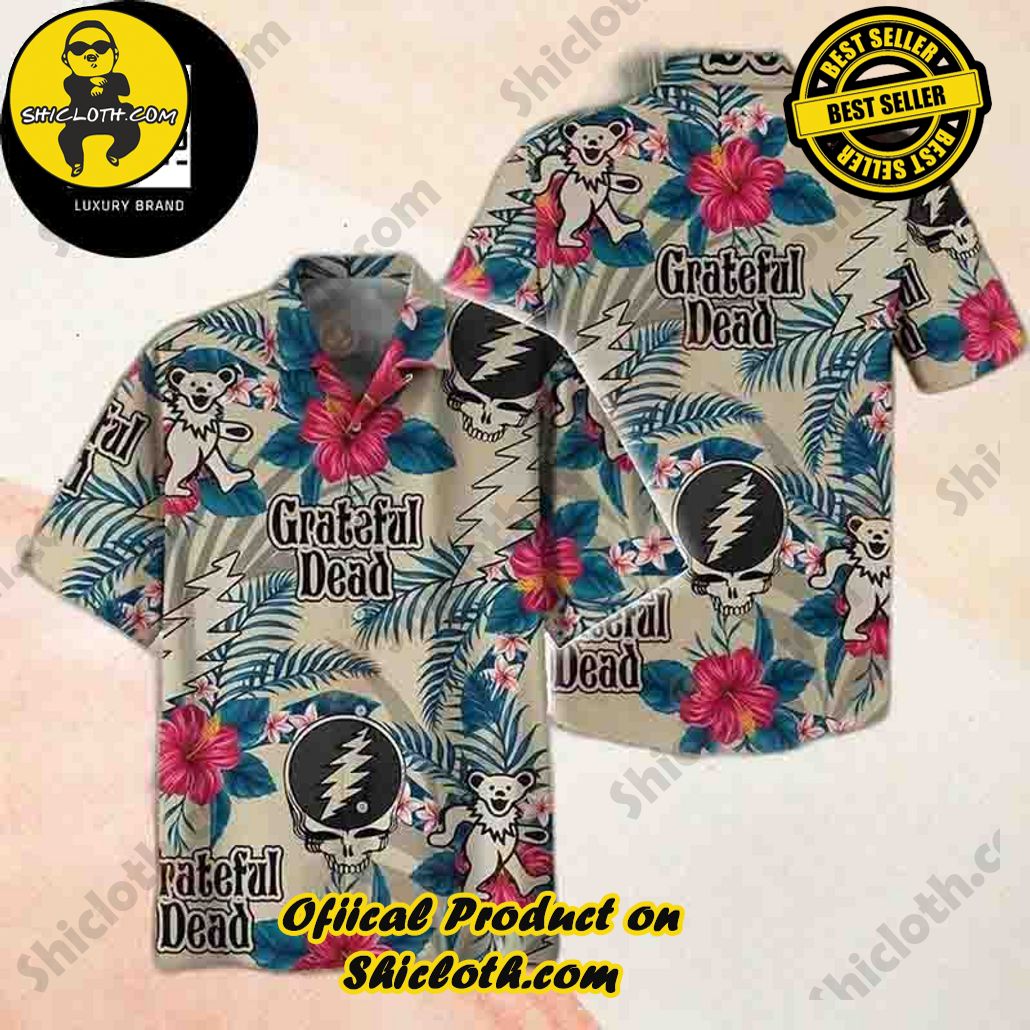 Tropical Vibes: Explore Shicloth's Hawaiian Shirt Collection 17 Grateful Dead Logo With Flower And Leaves Pattern 2024 Trendy Hawaiian Shirt