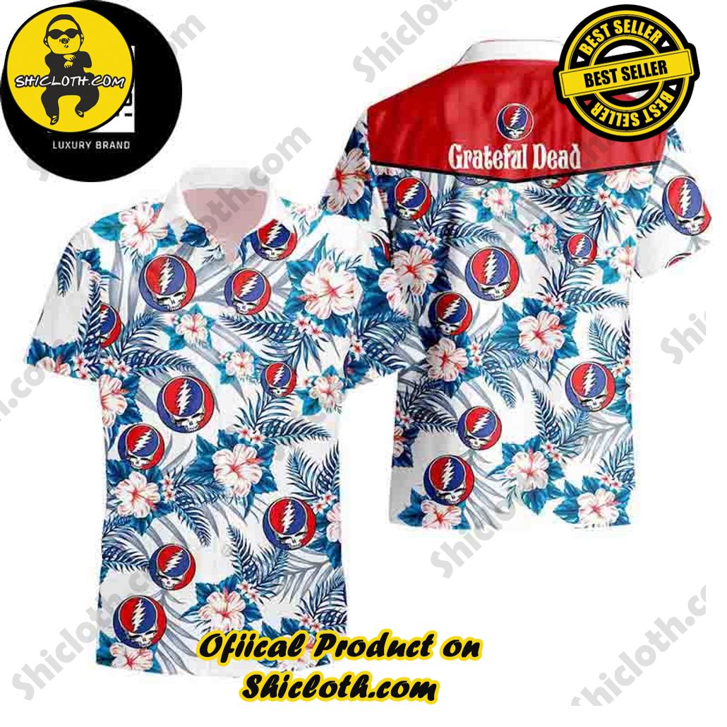 Tropical Vibes: Explore Shicloth's Hawaiian Shirt Collection 26 Grateful Dead Rock Band Logo Tropical Leaf And Flower Blue White Red 2024 Trendy Hawaiian Shirt